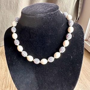 Vintage Retro Choker Necklace White and Navy Beads with Silver Tone Accents